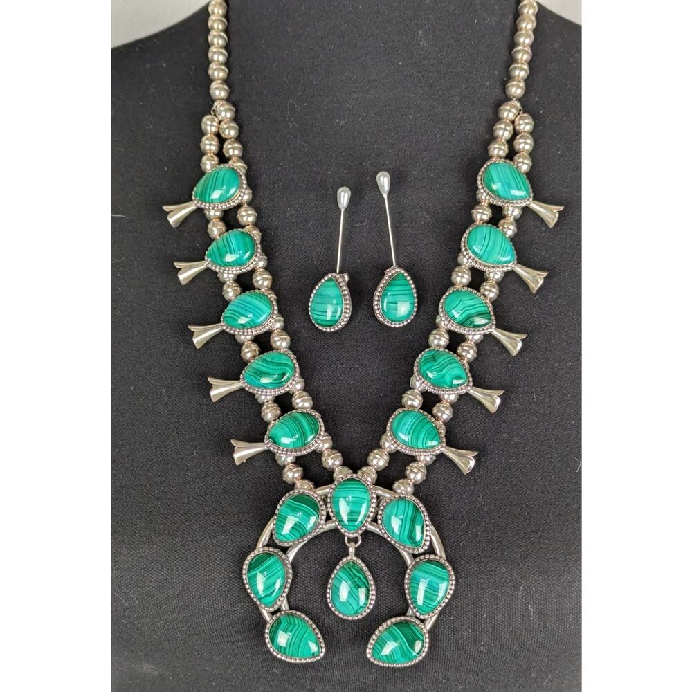 Kathleen Chavez Navajo Sterling Silver Malachite Squash Blossom Necklace + EUC
